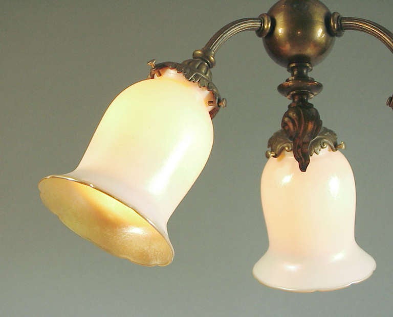 Victorian French Art Nouveau Flush Mount Fixture with American Art Glass For Sale