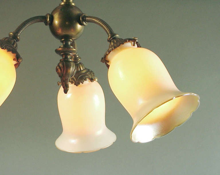 French Art Nouveau Flush Mount Fixture with American Art Glass In Excellent Condition For Sale In San Francisco, CA
