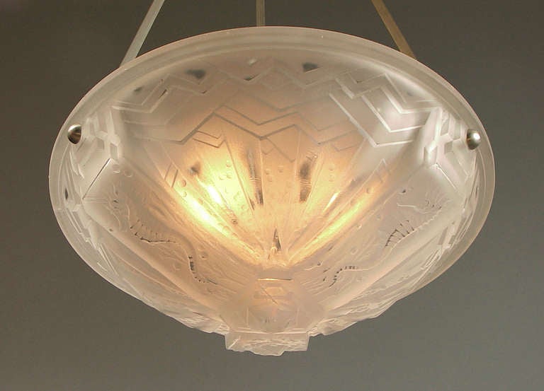French Art Deco Lighting Bowl by Muller, with Seahorse Design