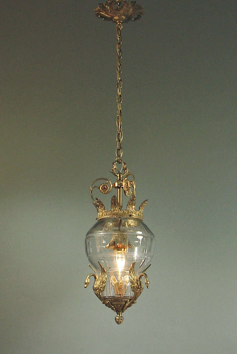 French Swans & Crown Art Nouveau-Deco Era Lantern Chandelier In Excellent Condition In San Francisco, CA