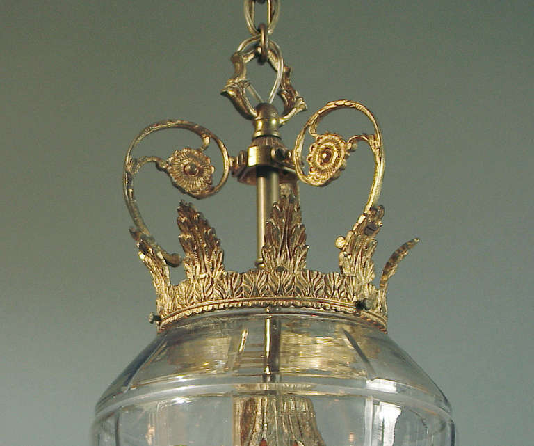 Brass French Swans & Crown Art Nouveau-Deco Era Lantern Chandelier