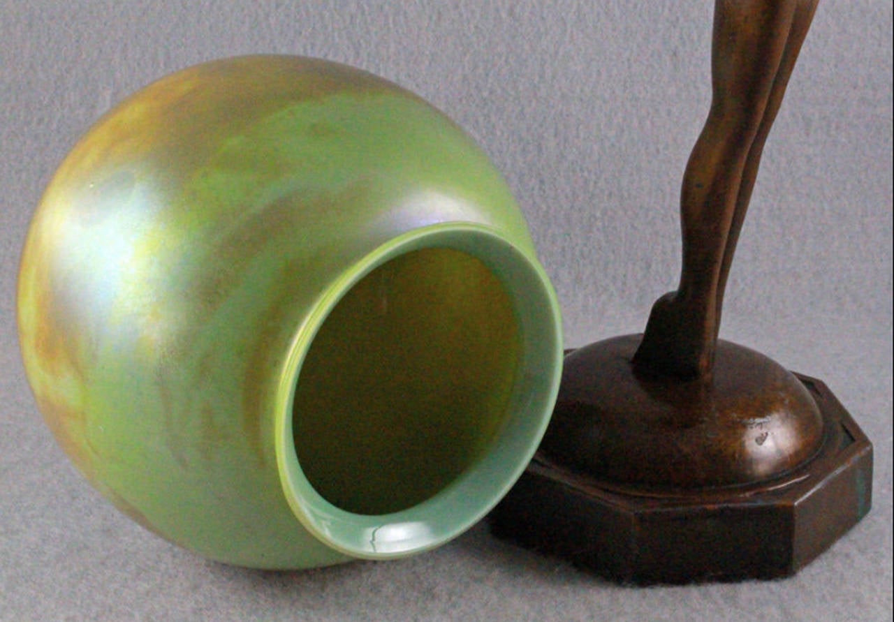 20th Century Phenom 1920s Lady Lamp in the Style of Frankart/Nuart, with Favrile-Style Shade