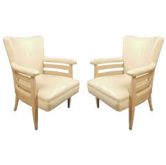 Pair of American Limed Oak, Cream Leather Art Deco Armchairs