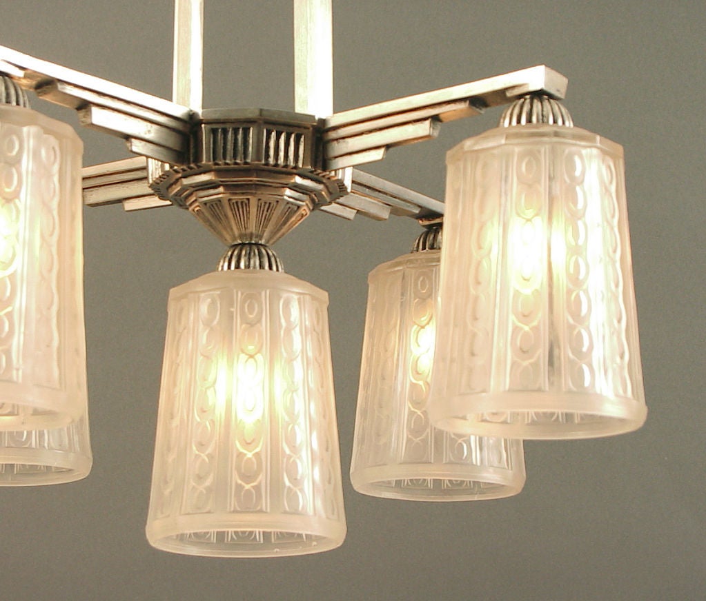 20th Century French Art Deco Chandelier by Hettier-Vincent, Five Lights For Sale
