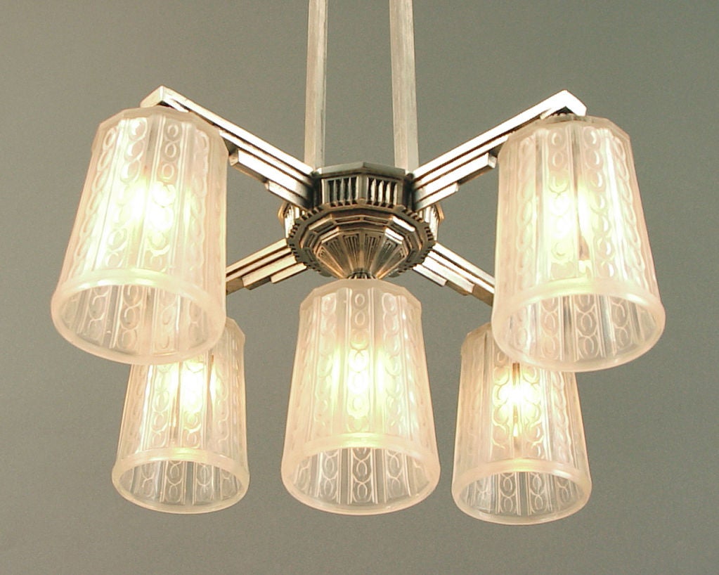 Glass French Art Deco Chandelier by Hettier-Vincent, Five Lights For Sale