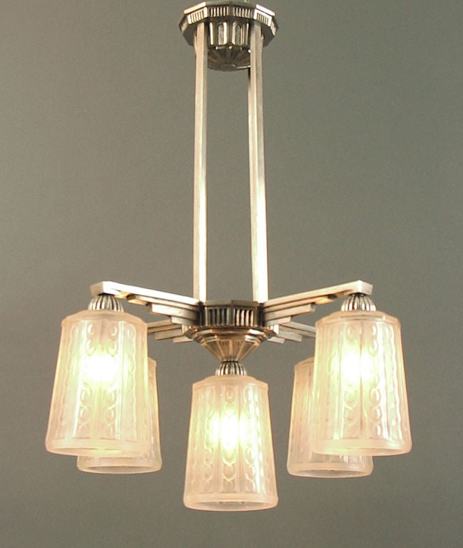 French Art Deco Chandelier by Hettier-Vincent, Five Lights For Sale 2