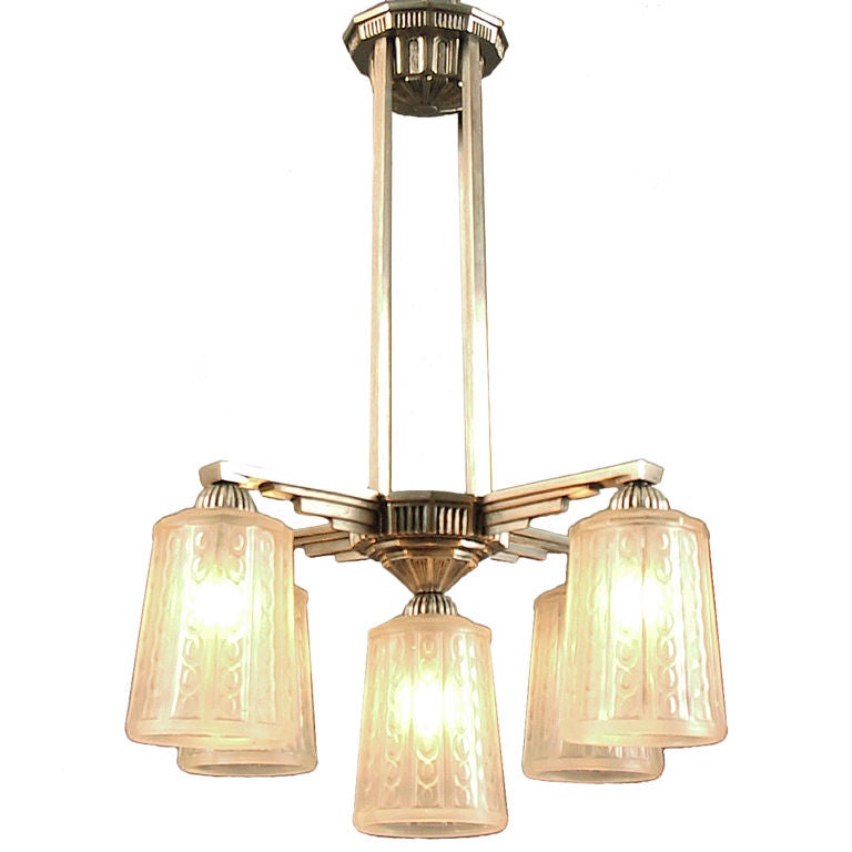 French Art Deco Chandelier by Hettier-Vincent, Five Lights For Sale