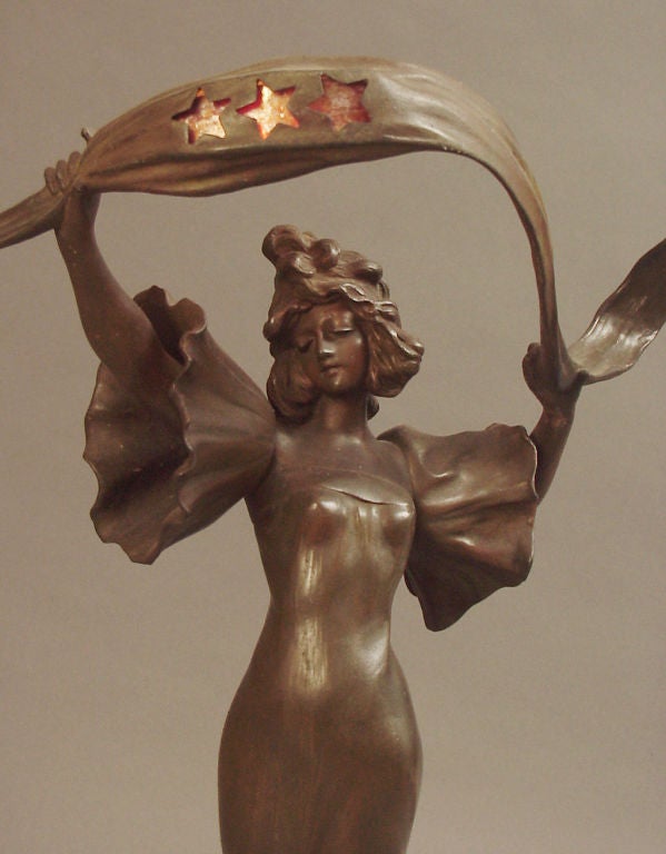 20th Century French Art Nouveau Lady Statue & Lamp by Nelson