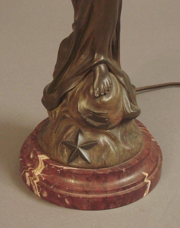 Spelter French Art Nouveau Lady Statue & Lamp by Nelson