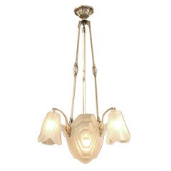French Art Deco Chandelier by Degue, Geometric Bowl Three Lights
