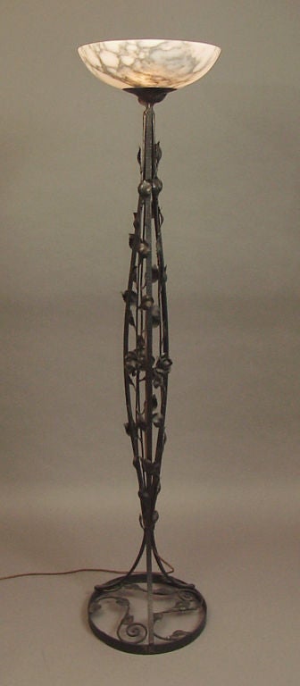 French Art Deco Wrought Iron and Alabaster Torchiere Floor Lamp 5