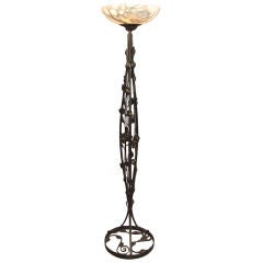 French Art Deco Wrought Iron and Alabaster Torchiere Floor Lamp