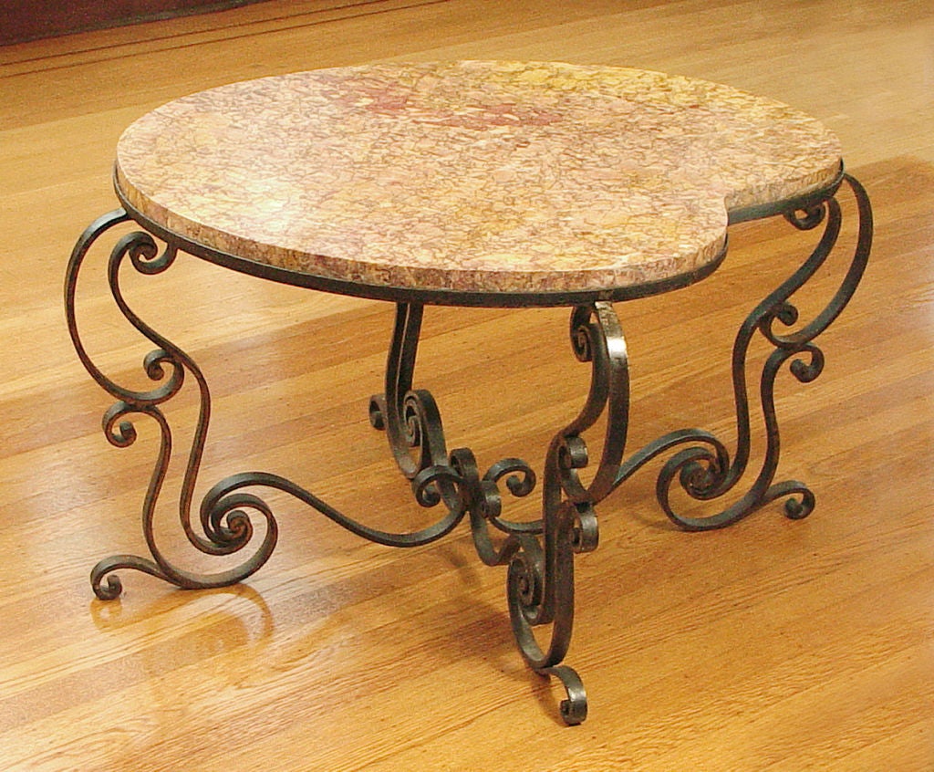 French Art Deco Wrought Iron & Marble Table, 