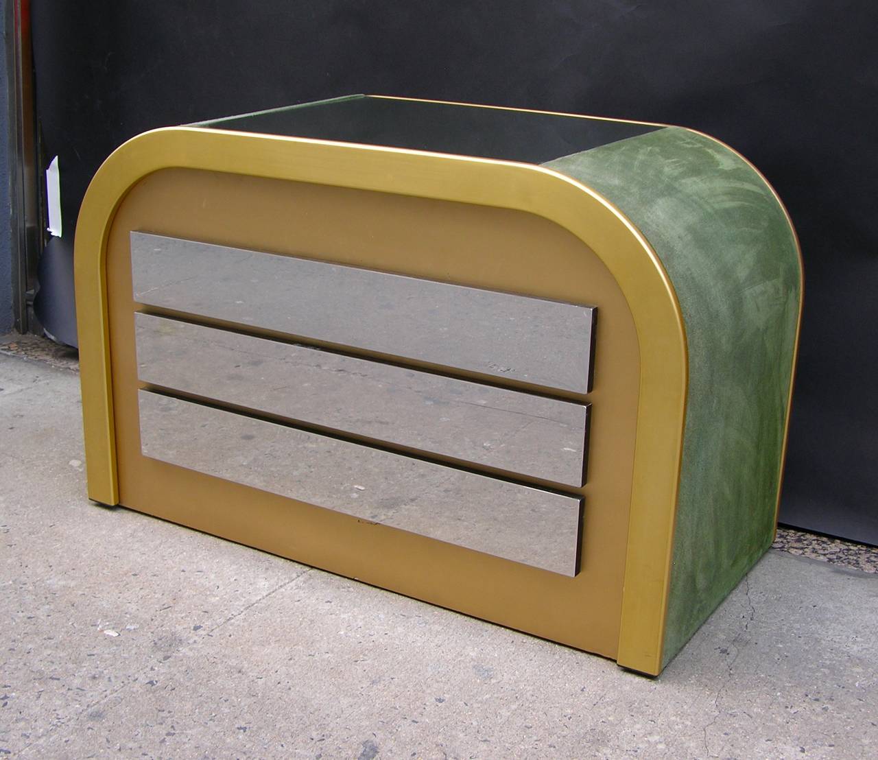 Late 20th Century Romeo Rega 1970s Brass and Chrome Curved Chest with Green Velvet Sides