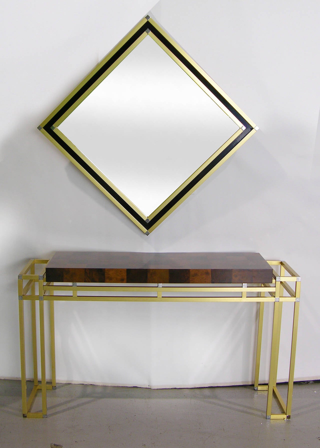 Late 20th Century Mario Sabot 1970s Double-Framed Bronze and Burl Walnut Console