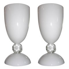 Alberto Dona' Italian Pair of White Overlaid Murano Glass Lamps with Cut Spheres