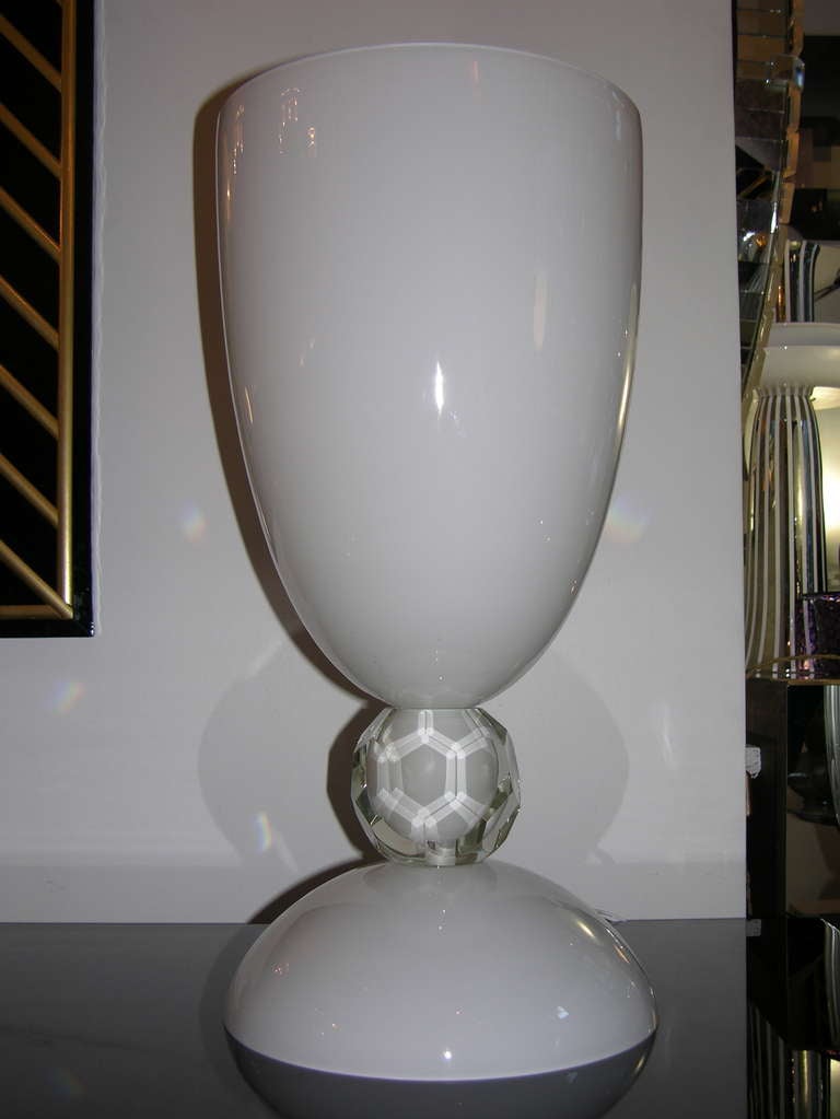 Alberto Dona' Italian Pair of White Overlaid Murano Glass Lamps with Cut Spheres