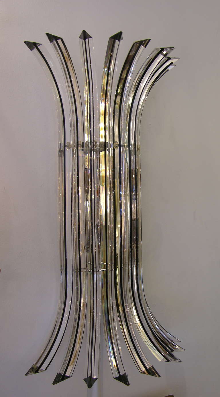 Hand-Crafted Italian Pair of Contemporary Clear Murano Glass Wall Lights with Black Insets