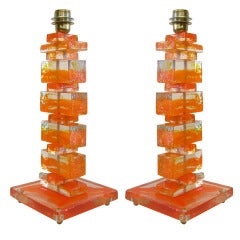 1980s Italian Pair of Orange Murano Glass Lamps