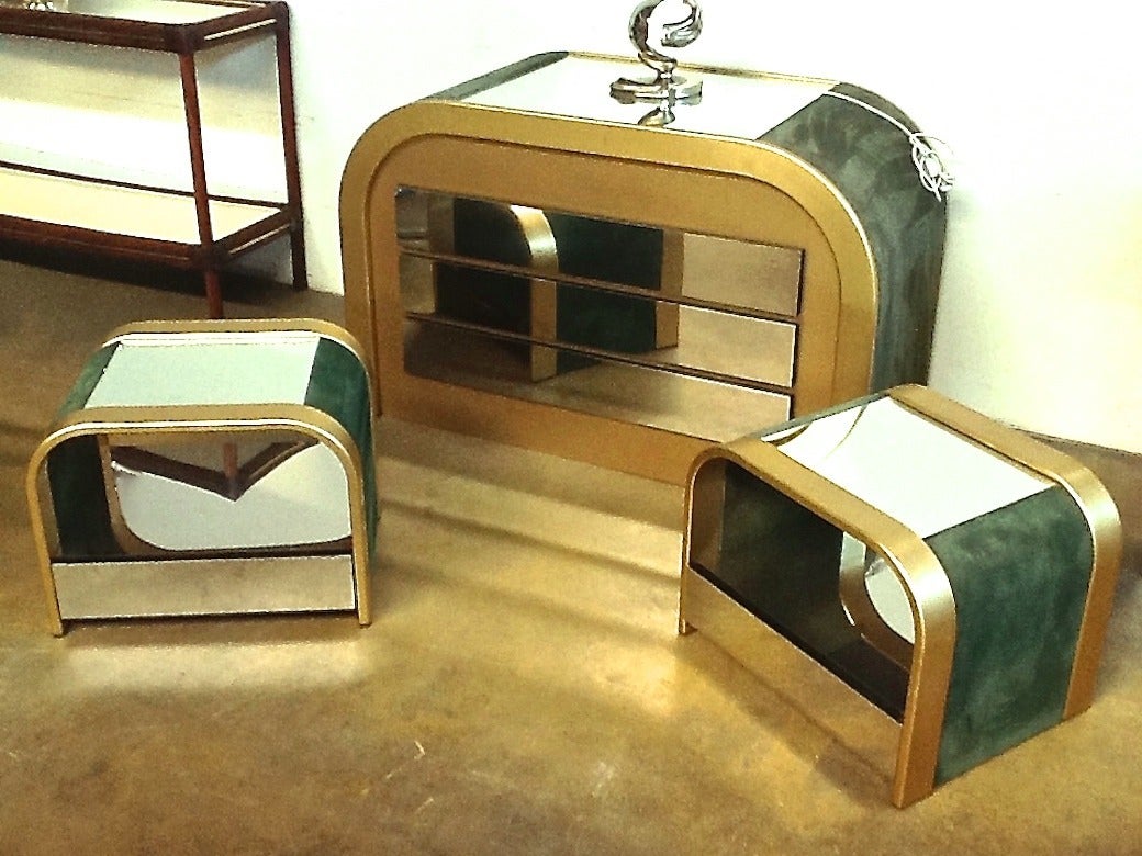 Hand-Crafted Romeo Rega 1970s Brass and Chrome Open Side Tables with Green Velvet Sides