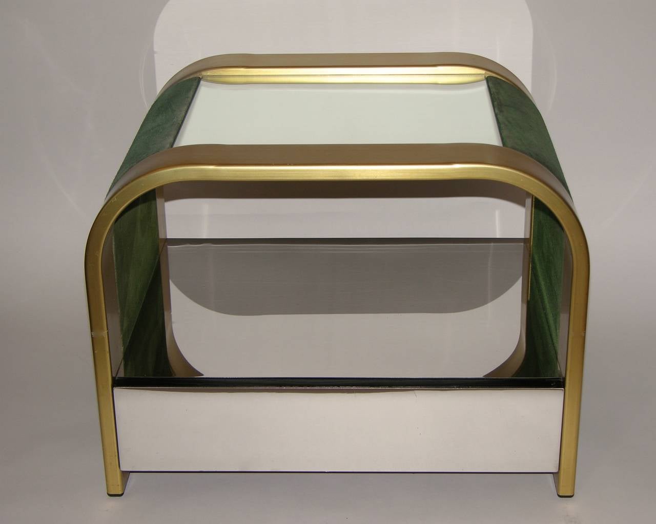 Italian Romeo Rega 1970s Brass and Chrome Open Side Tables with Green Velvet Sides