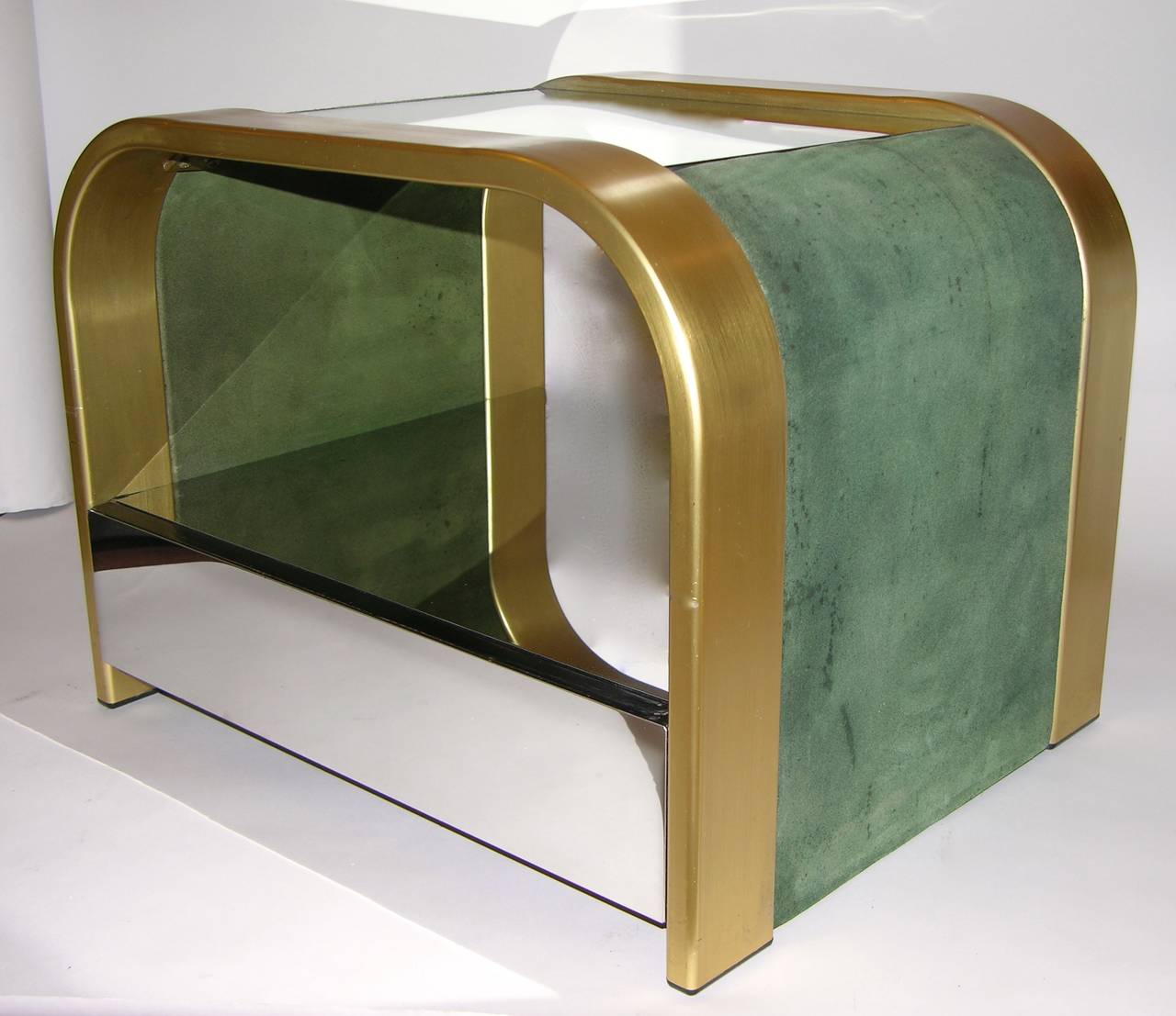 Mid-Century Modern Romeo Rega 1970s Brass and Chrome Open Side Tables with Green Velvet Sides
