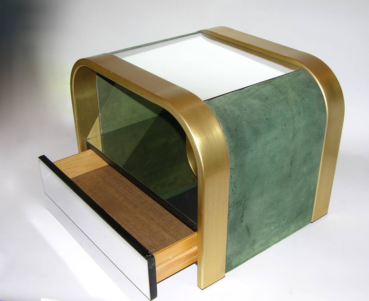 Late 20th Century Romeo Rega 1970s Brass and Chrome Open Side Tables with Green Velvet Sides