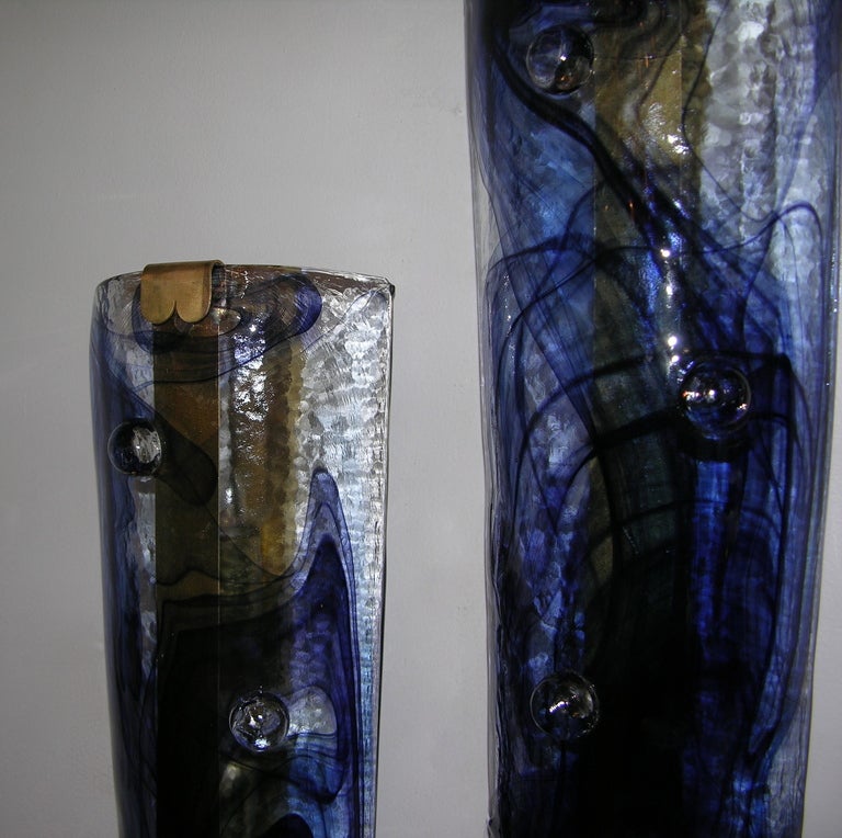 1970s Unusual Italian Pair of Blue Textured Glass Wall Lights at 1stdibs