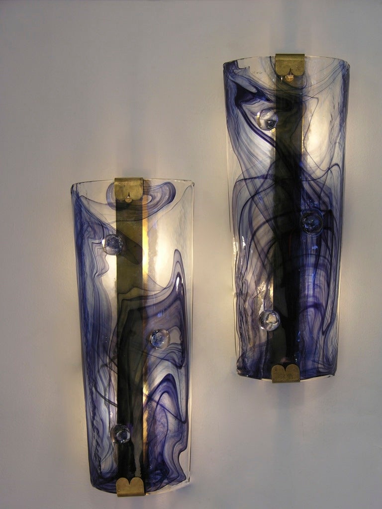 1970s Unusual Italian Pair of Blue Textured Glass Wall Lights at 1stdibs
