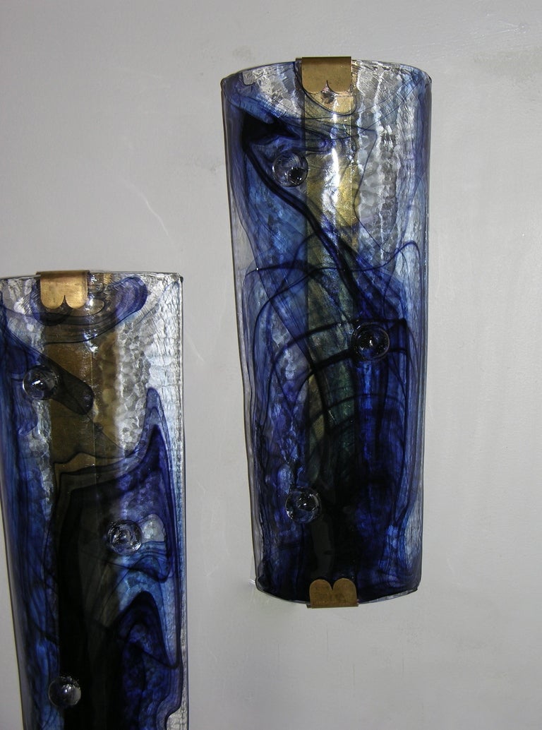 1970s Unusual Italian Pair of Blue Textured Glass Wall Lights at 1stdibs