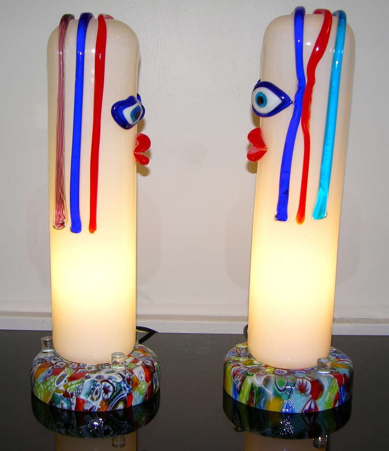 A pair of Murano glass lamps inspired by the character Carmencita (created in the 1960s by Armando Testa, a visionary commercial artist, for the unforgettable Lavazza coffee ad campaign, starring the adventures of Caballero Misterioso/Paulista and