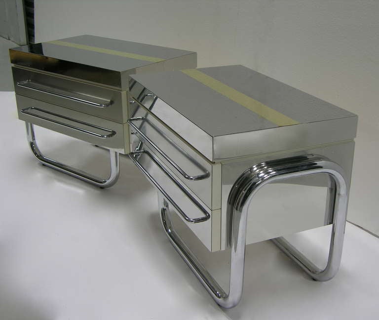 Wood 1970s Italian Design Rare Pair of Chrome and Brass Side Tables by Frigerio