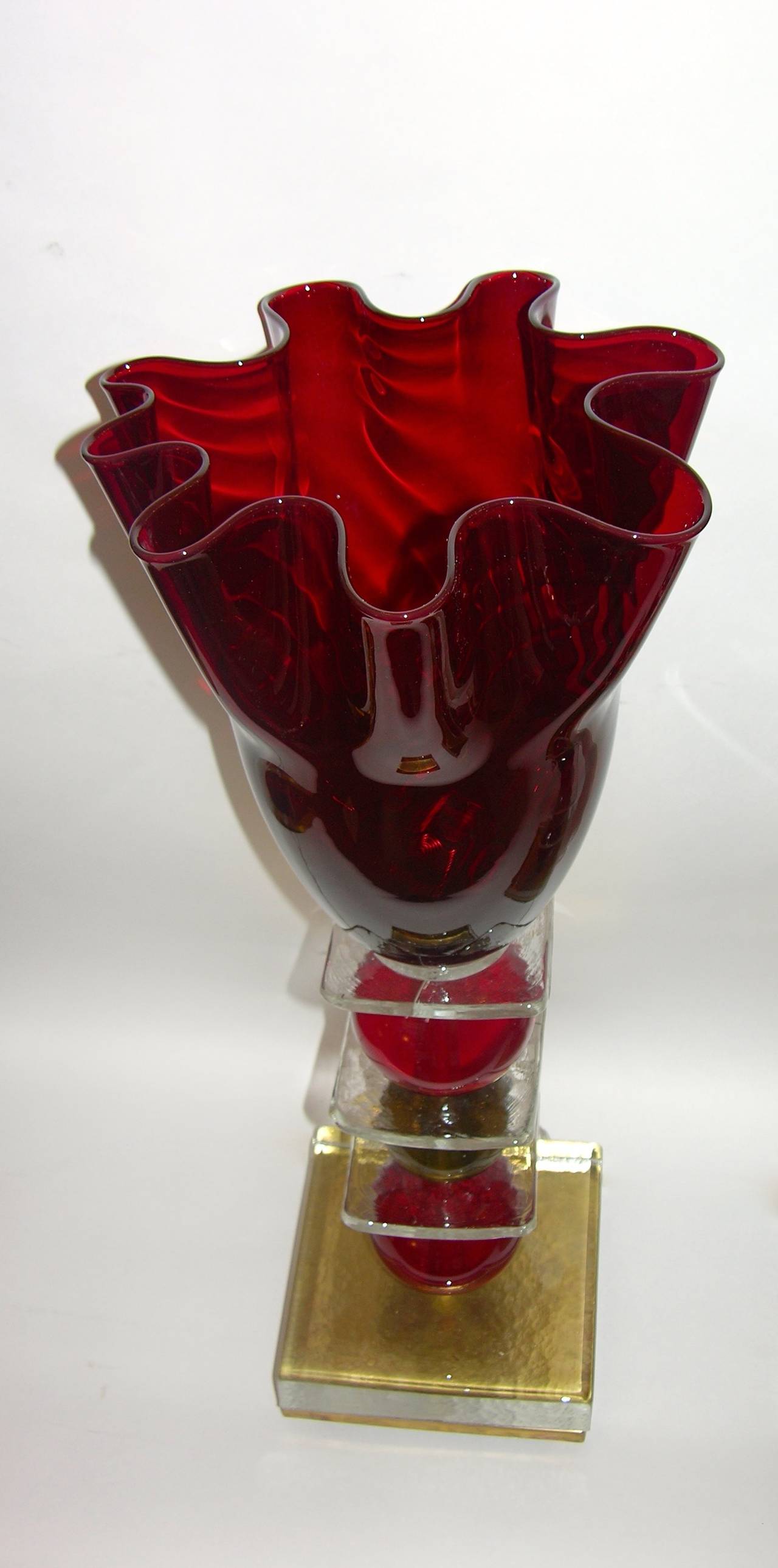 Italian Pair of Tulip Red Murano Glass Lamps, 1970s 2