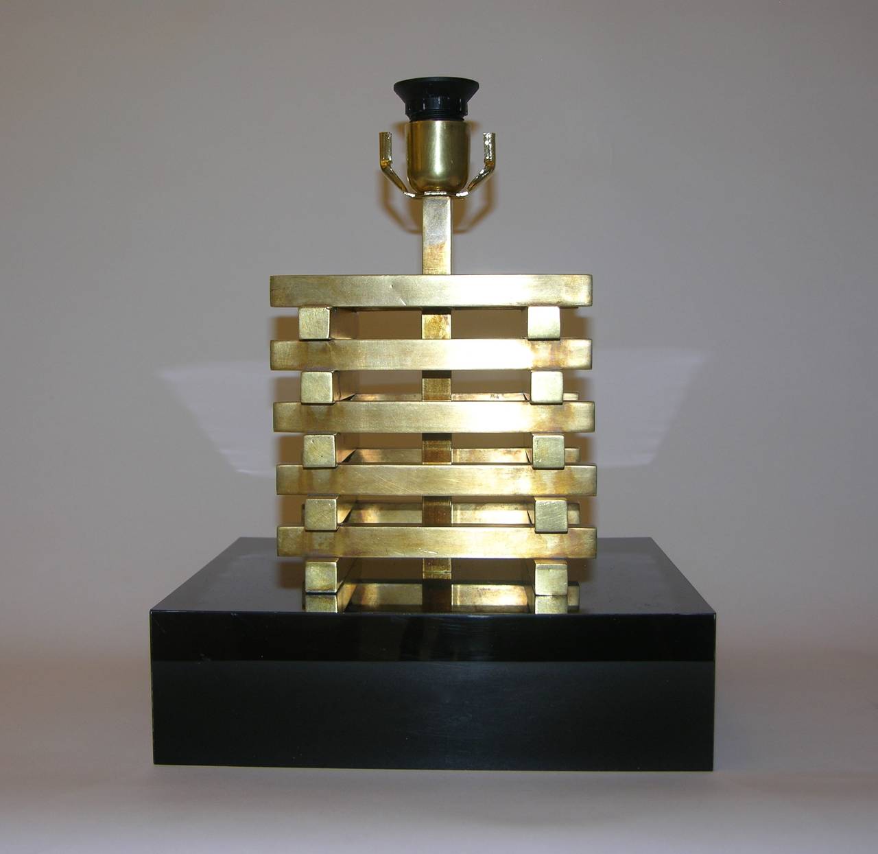 Romeo Rega 1970s Architectural Brass Lamps on Remarkable Black Bases 1