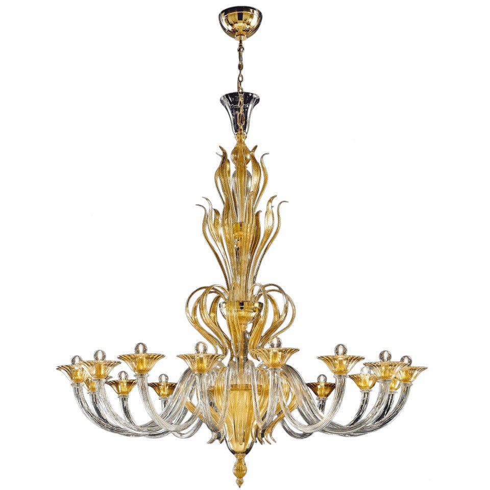 Monumental Murano Glass 16-Light Chandelier Worked with Pure Gold