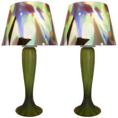 1950s Rare Pair of Green Glass Lamps by Vistosi with Murano Glass Shades