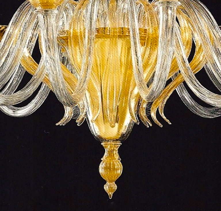 20th Century Monumental Murano Glass 16-Light Chandelier Worked with Pure Gold