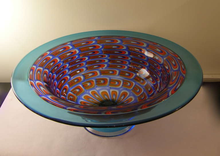 1960 Oversized Turquoise Center Bowl on Foot with Murrine by Vistosi