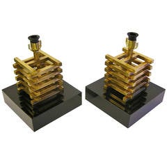 Romeo Rega 1970s Architectural Brass Lamps on Remarkable Black Bases