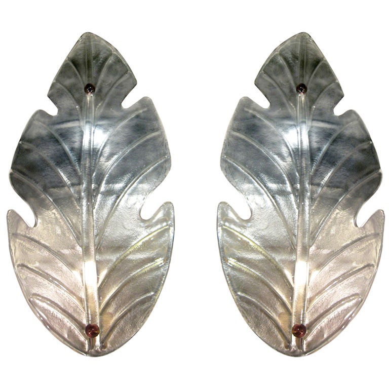 Barovier Toso Italian Pair of Huge Leaf-Shape Silver Murano Glass Sconces