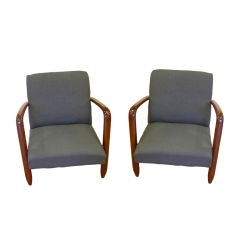 1960s Vintage Walnut Pair of Italian Modern Design Armchairs in Gray Blue Denim 2