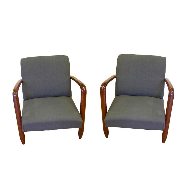 1960s Vintage Walnut Pair of Italian Modern Design Armchairs in Gray Blue Denim For Sale
