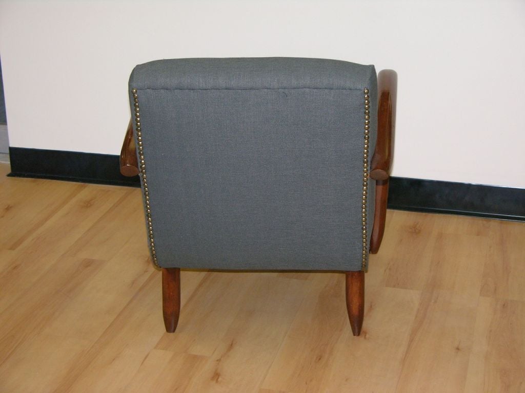 Hand-Crafted 1960s Vintage Walnut Pair of Italian Modern Design Armchairs in Gray Blue Denim For Sale