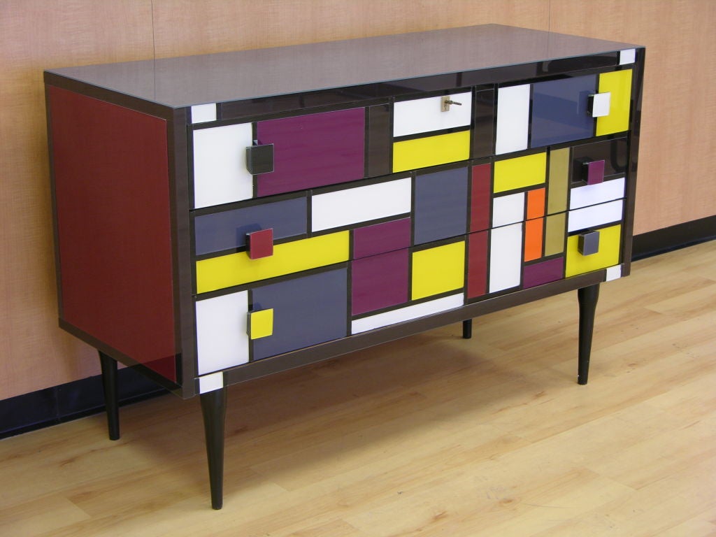 1970s Italian Geometrical Colored Glass Chest Of Drawers