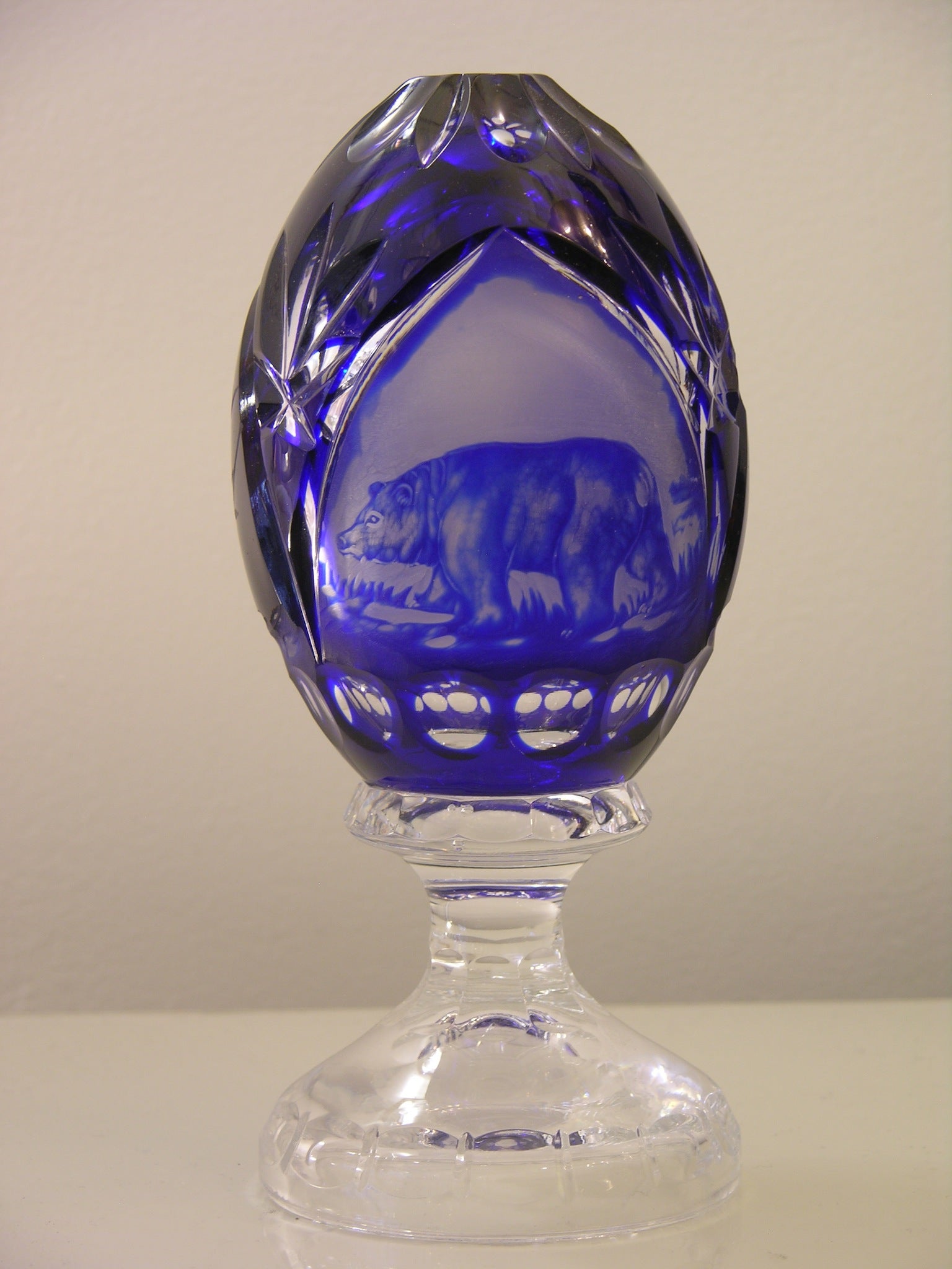 Vintage Cobalt Animal Engraved Overlaid Glass Egg