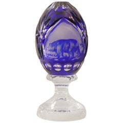 Vintage Cobalt Animal Engraved Overlaid Glass Egg