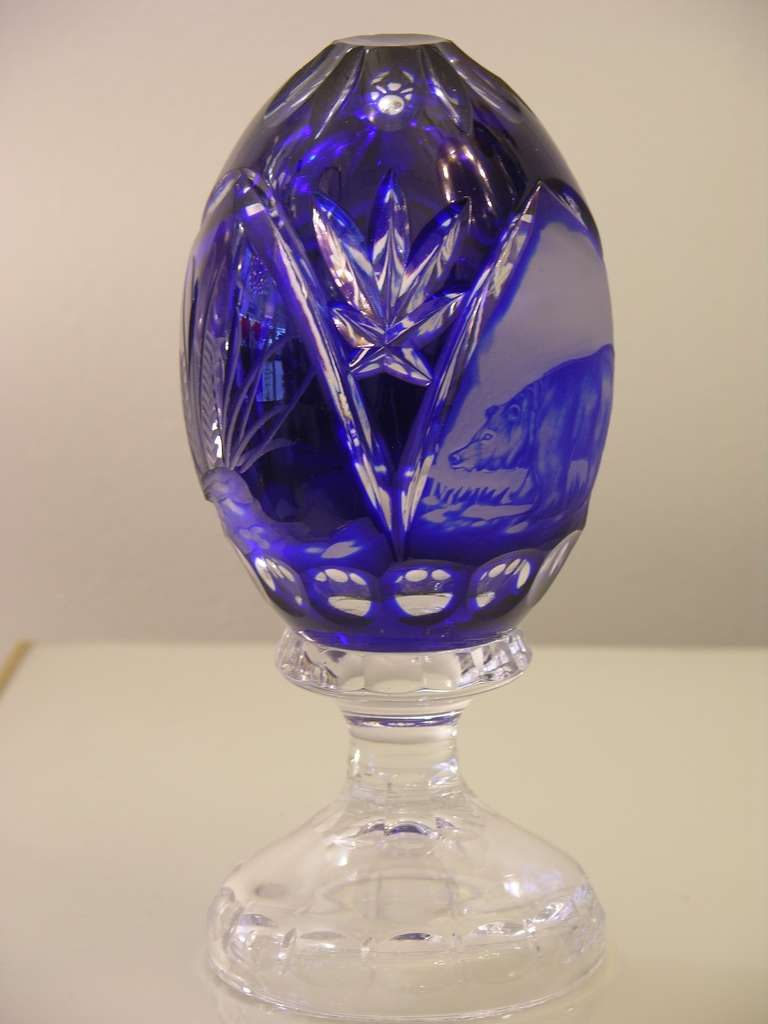 Austrian Vintage Cobalt Animal Engraved Overlaid Glass Egg
