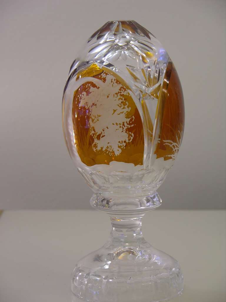 Austrian Vintage Animal Engraved Overlaid Gold Glass Egg 