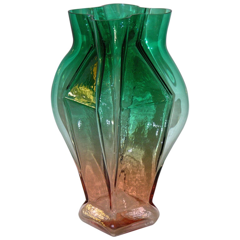 1980s Toni Zuccheri for Venini Green and Orange Murano Glass Vase