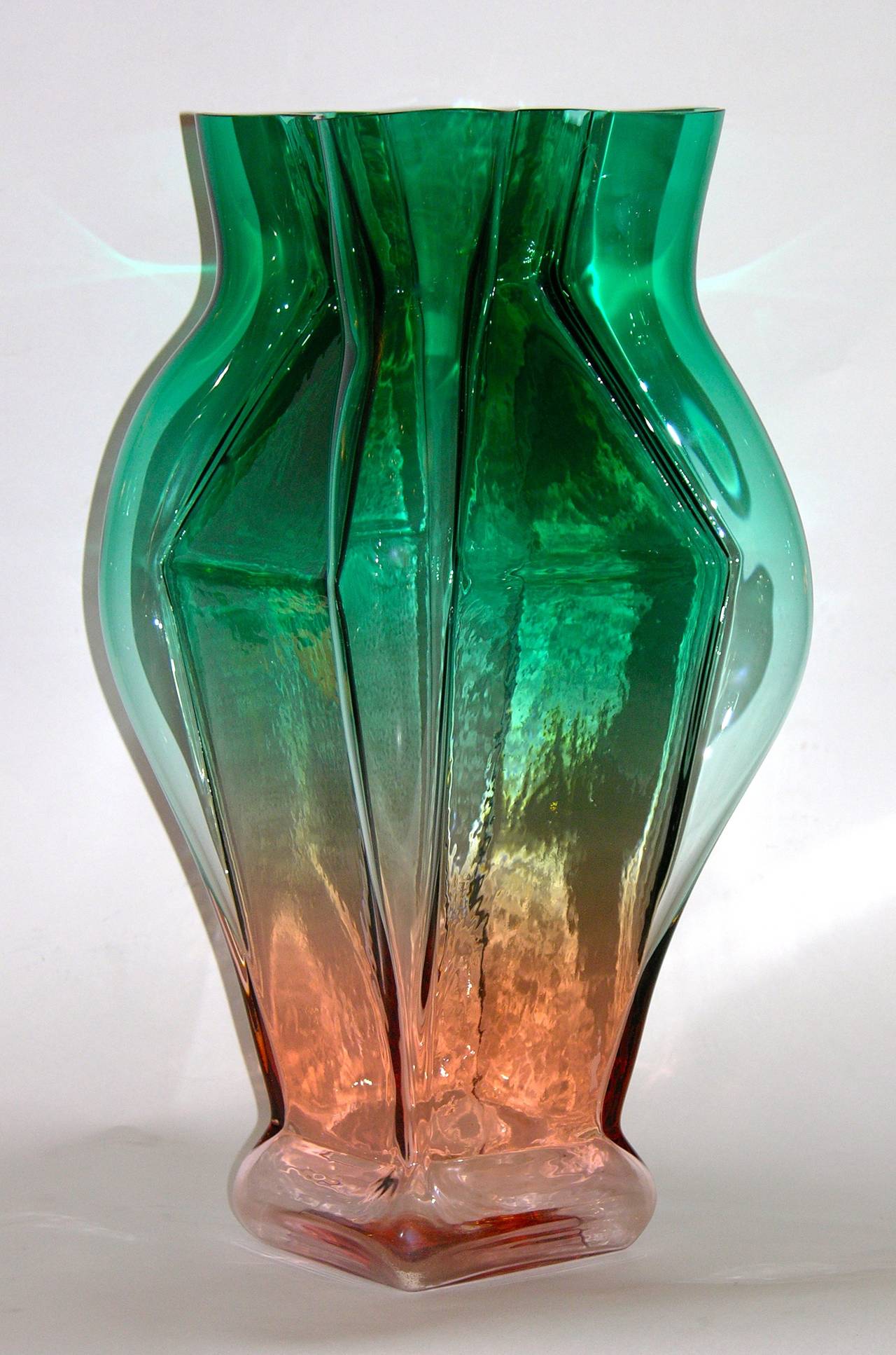 Late 20th Century 1980s Toni Zuccheri for Venini Green and Orange Murano Glass Vase